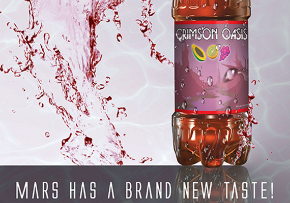 Objective: To wrap the Crimson Oasis label around a bottle and use it in an inviting and refreshing ad design.